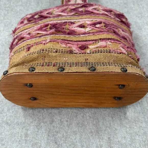 VTG Handmade Burlap Yarn Embroidered Tote Bag Geometric Stitched Pink Brown Boho - Picture 7 of 16